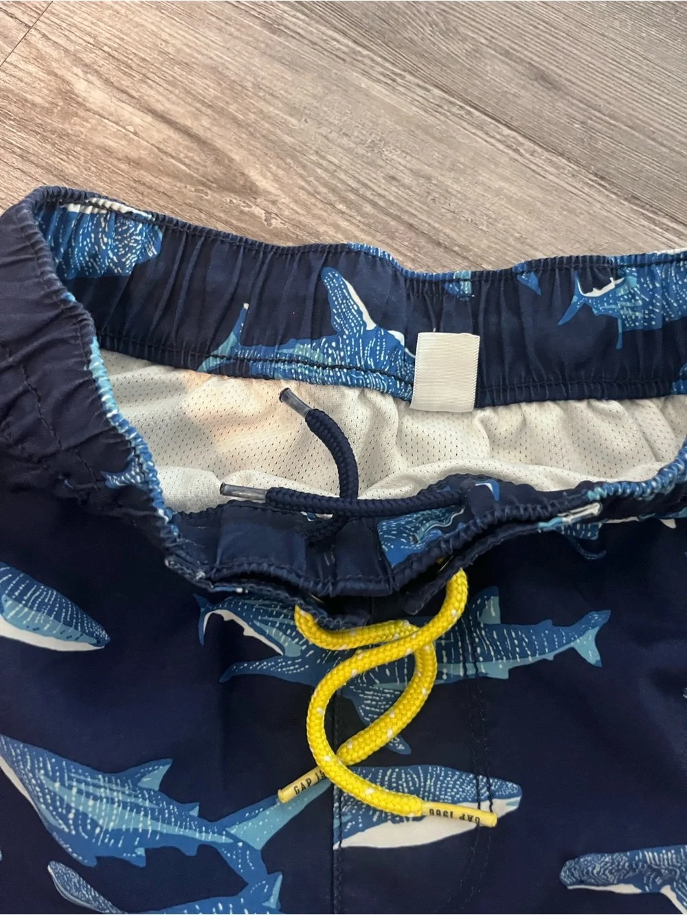 GAP Navy Shark Print Swim Shorts with Yellow Drawstring